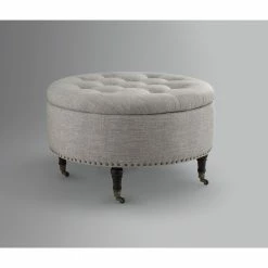Best reviews of π₯° INSPIREDHOME CO Elizabeth Linen Round Button Tufted Nailhead Trim Rolling Storage Ottoman π