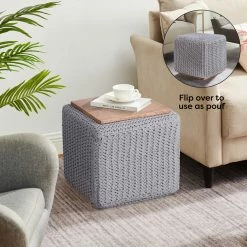 Outlet β INSPIREDHOME CO Jaxston Cotton Yarn Pouf Hand Knitted Wooden Tray Tear Resistant β